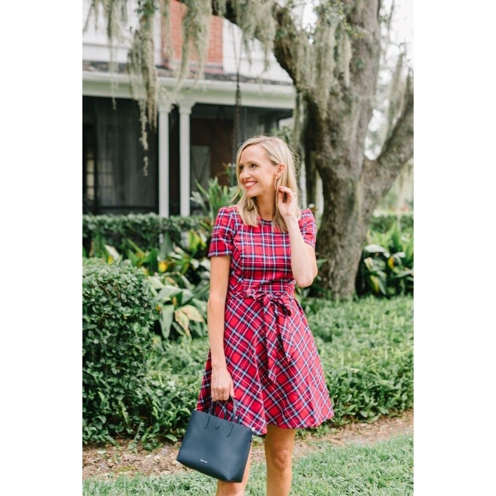 Draper James red plaid belted A-Line Dress‎ NEW 14